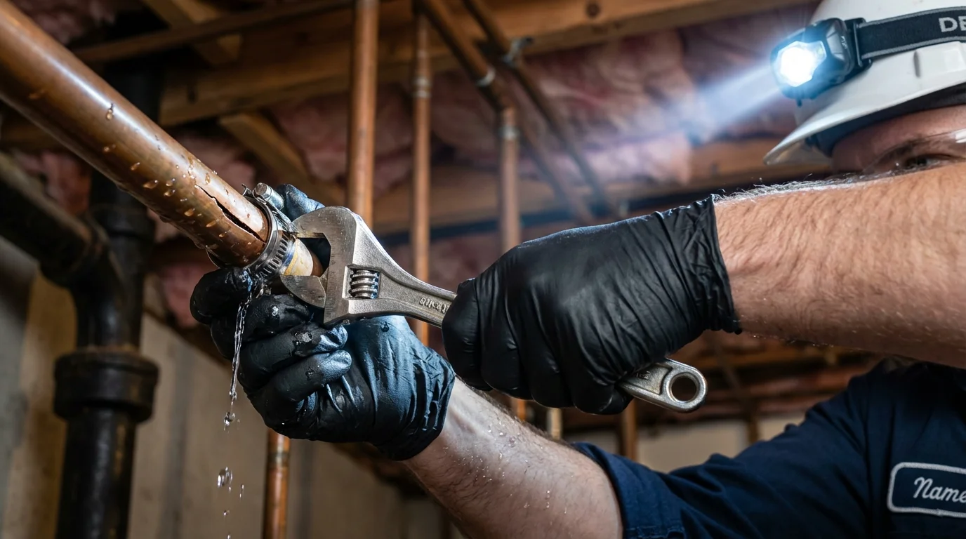 Emergency pipe clamp repair being performed by a Johns Plumbing LLC plumber in Cape Neddick