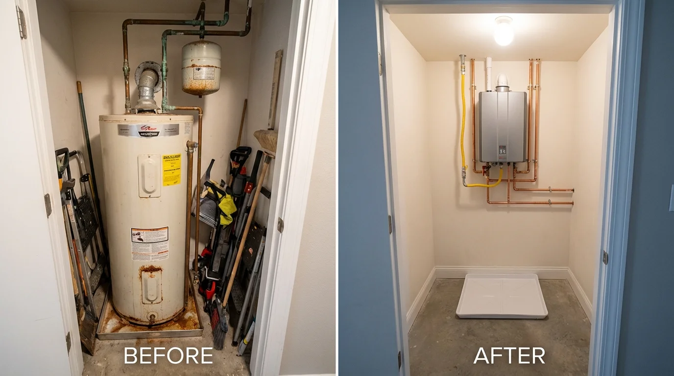 Tank water heater versus wall-mounted tankless unit comparison for Cape Neddick, ME homeowners